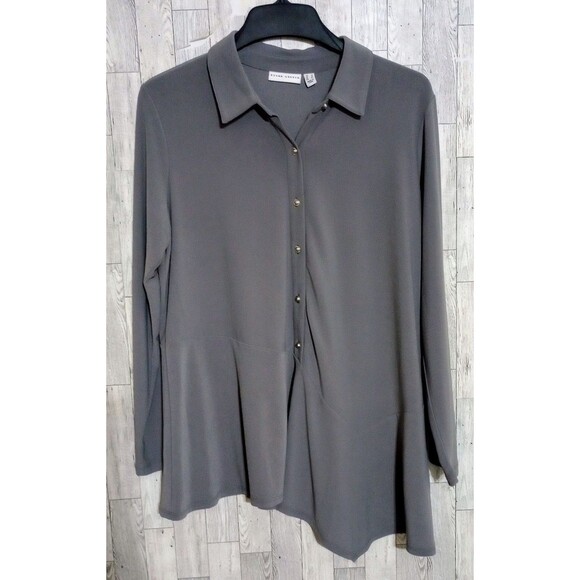 Susan Graver Blouse Button Front Assymetrical Gray Office Career Wear Size Large - Picture 1 of 4